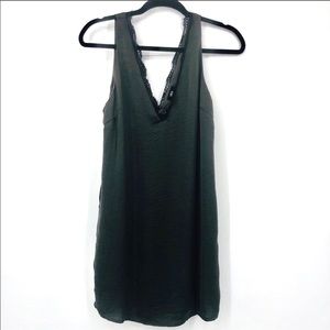 ✨Y2K Lucca Gray Black Satin V Neck Lace Trim Shift Slip Dress with Pockets Indie
